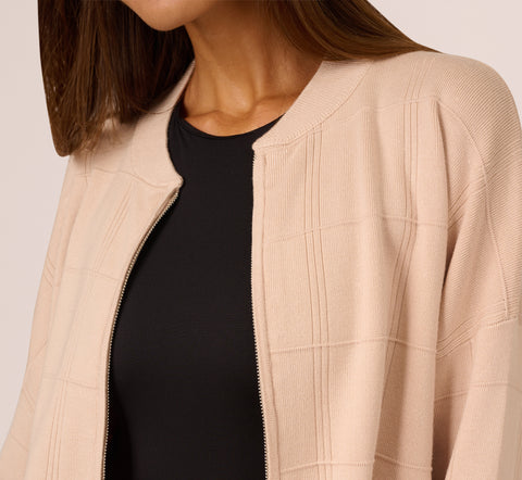 Long Sleeve Zip Front Sweater Bomber In Champagne Blush