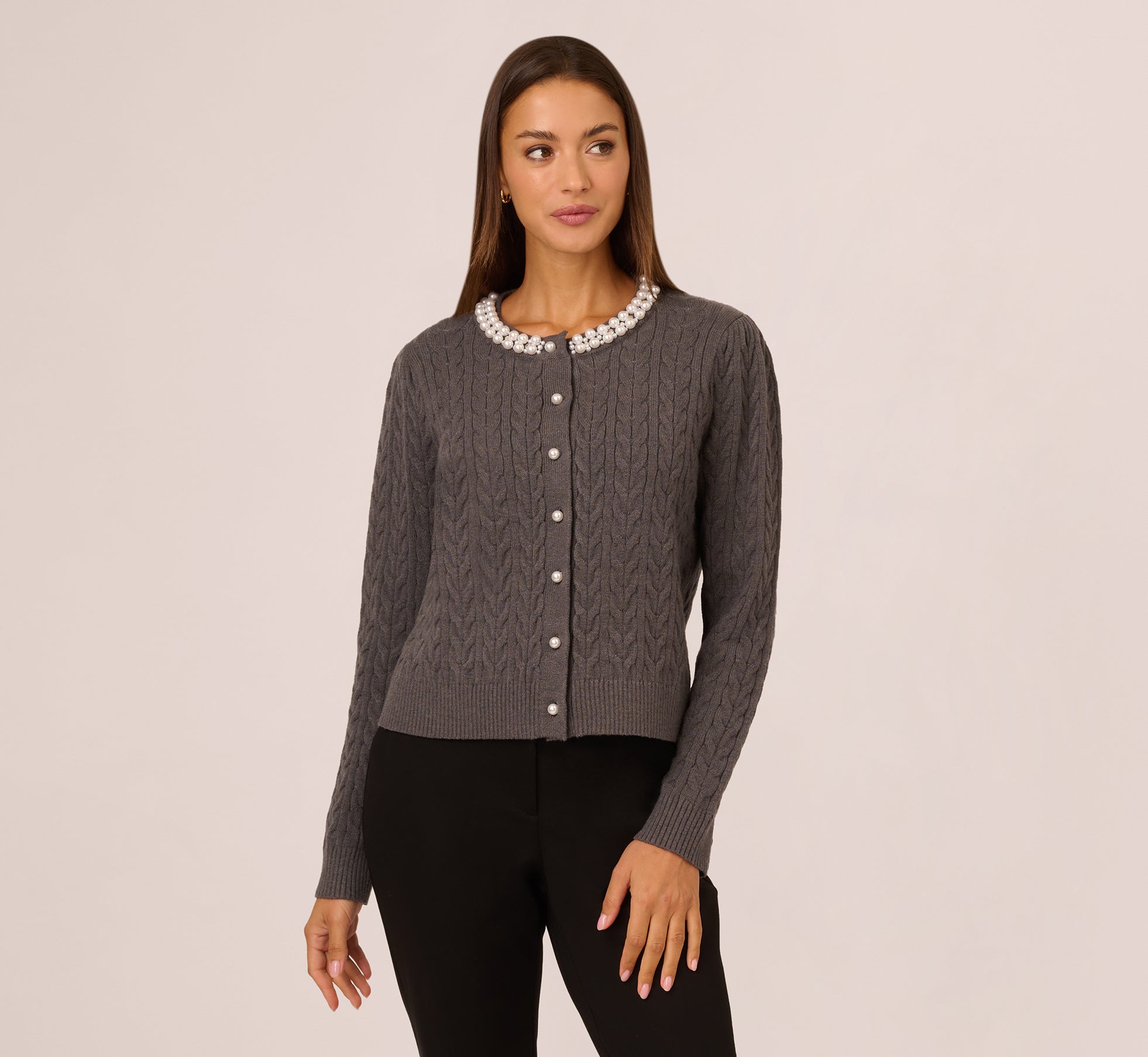 Pearl Button Detail Cable Cardigan Sweater In Heather Graphite 1