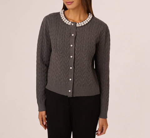 Pearl Button Detail Cable Cardigan Sweater In Heather Graphite