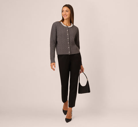 Pearl Button Detail Cable Cardigan Sweater In Heather Graphite