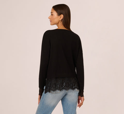 V Neck Lace Combo Twofer Sweater In Black