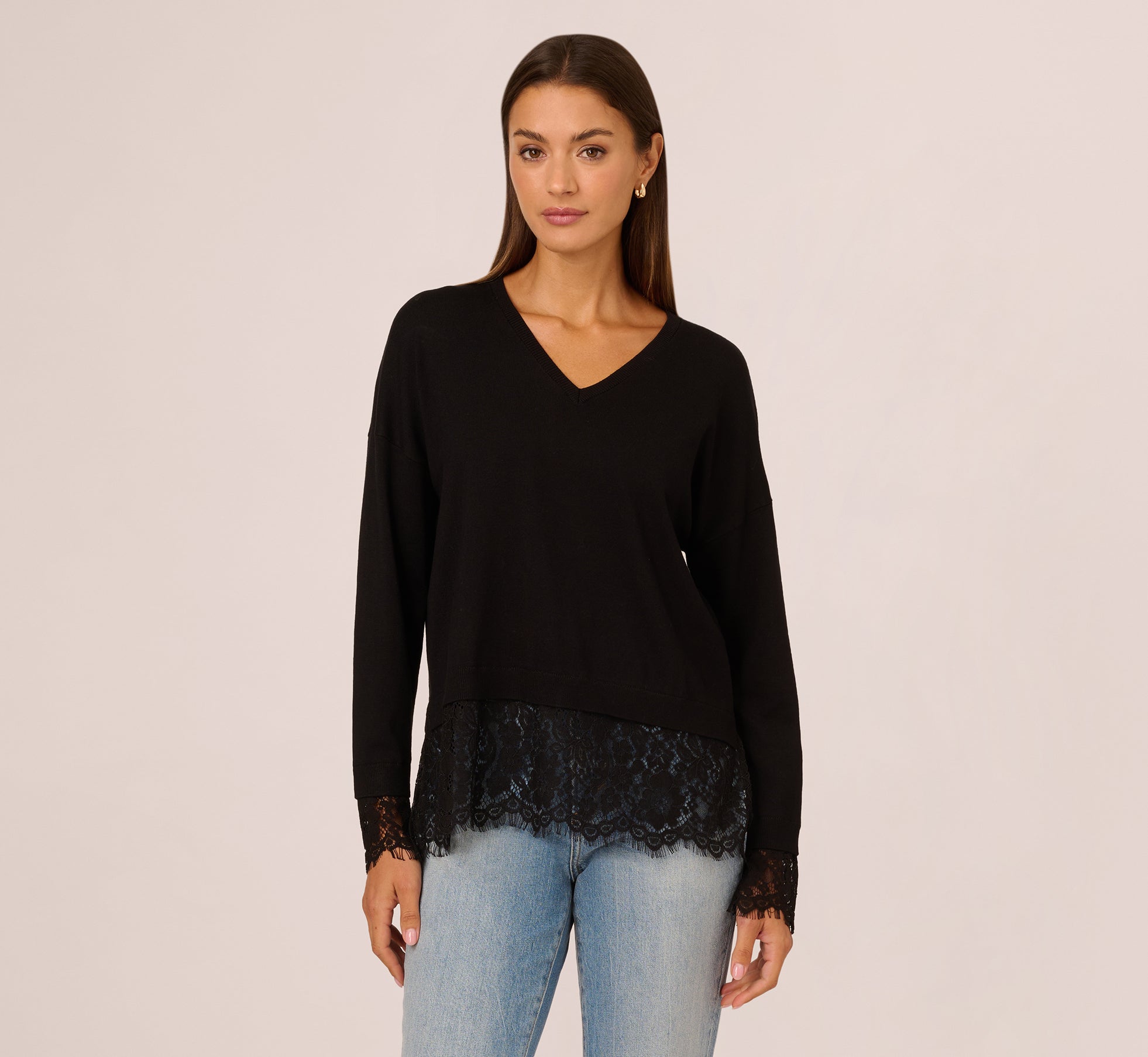 V Neck Lace Combo Twofer Sweater In Black 1