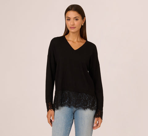 V Neck Lace Combo Twofer Sweater In Black