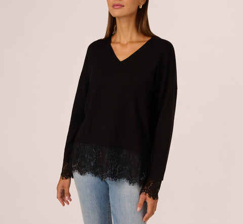 V Neck Lace Combo Twofer Sweater In Black