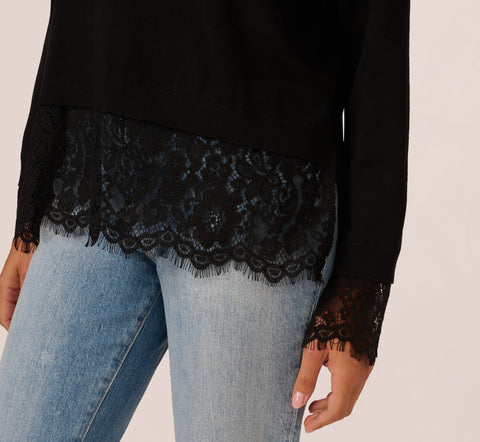 V Neck Lace Combo Twofer Sweater In Black