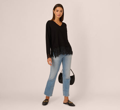 V Neck Lace Combo Twofer Sweater In Black