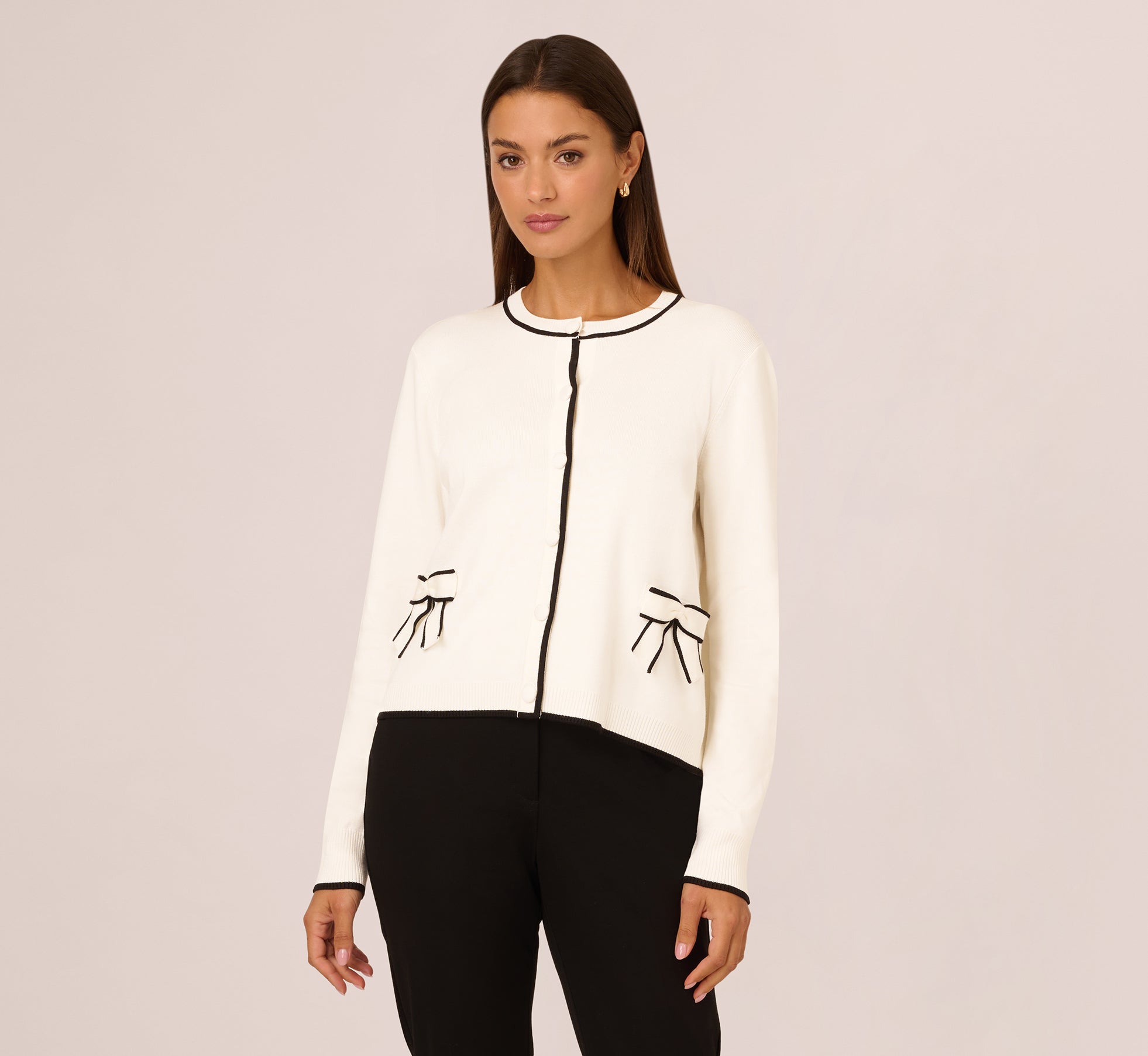 Crew Neck Tipped Bow Pocket Cardigan Sweater In Ivory Black 1