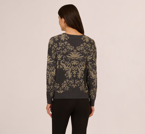 Drop Shoulder Metallic Knit Sweater In Slate Grey Gold