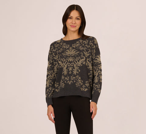 Drop Shoulder Metallic Knit Sweater In Slate Grey Gold