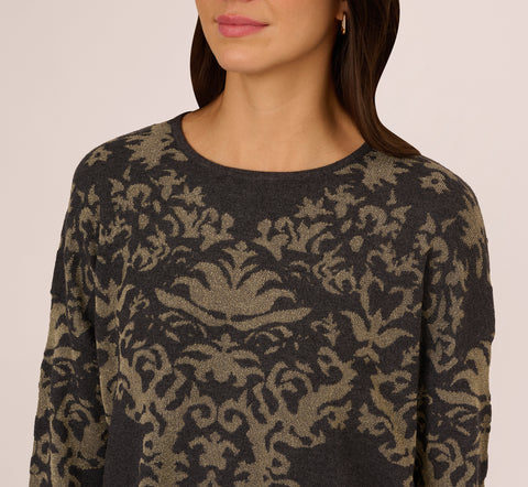 Drop Shoulder Metallic Knit Sweater In Slate Grey Gold