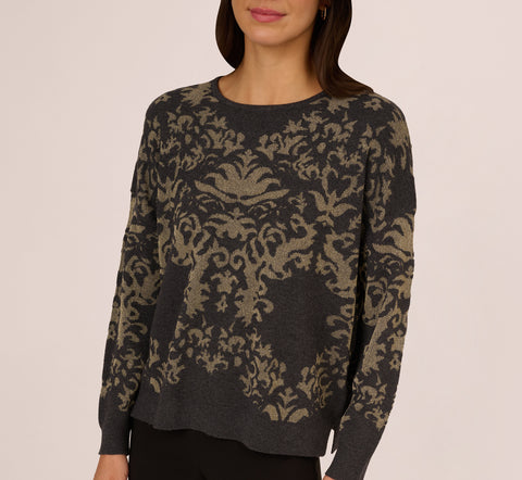 Drop Shoulder Metallic Knit Sweater In Slate Grey Gold