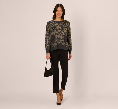 Drop Shoulder Metallic Knit Sweater In Slate Grey Gold