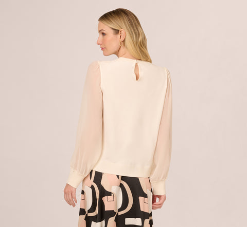 Pearl Trim Chiffon Sleeves Pullover Sweater In Winter White