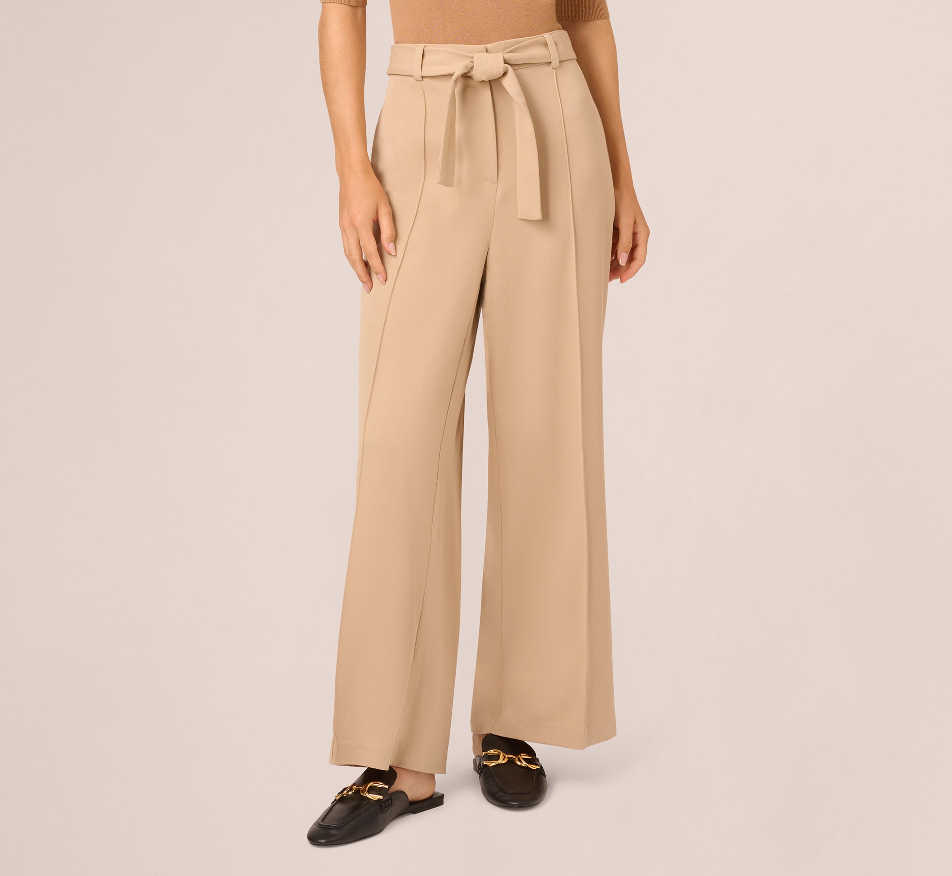 Twill Zip Fly Belted Wide Leg Pant In Sandstone 1