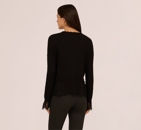 V Neck Lace Trim Twofer Sweater In Black