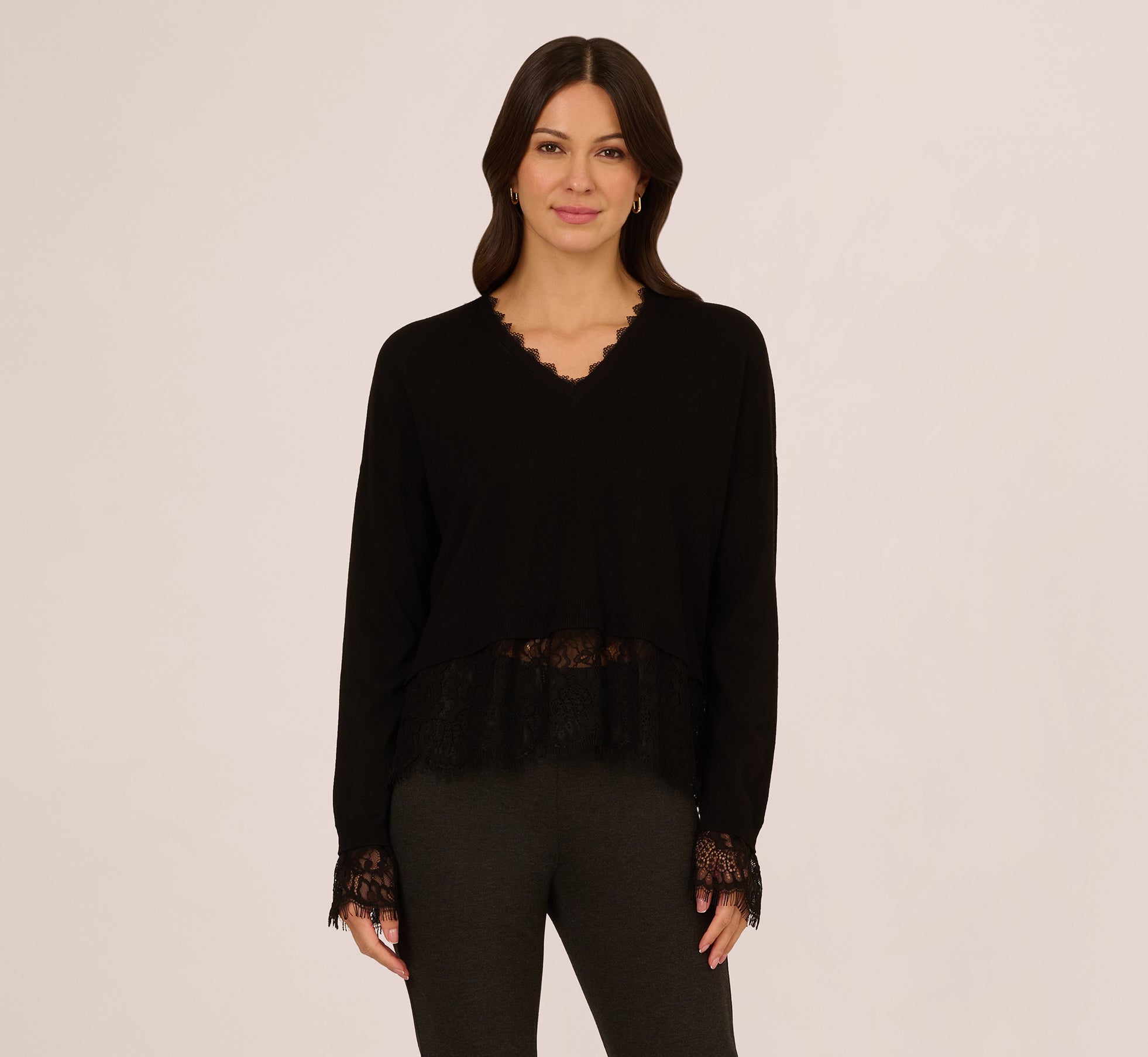 V Neck Lace Trim Twofer Sweater In Black 1