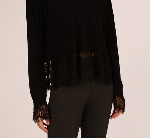 V Neck Lace Trim Twofer Sweater In Black