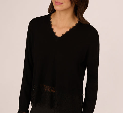 V Neck Lace Trim Twofer Sweater In Black