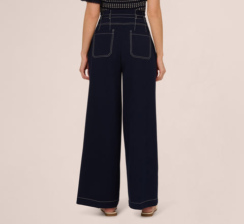 Topstitch Wide Leg Paperbag Pant With Belt In Navy Ivory