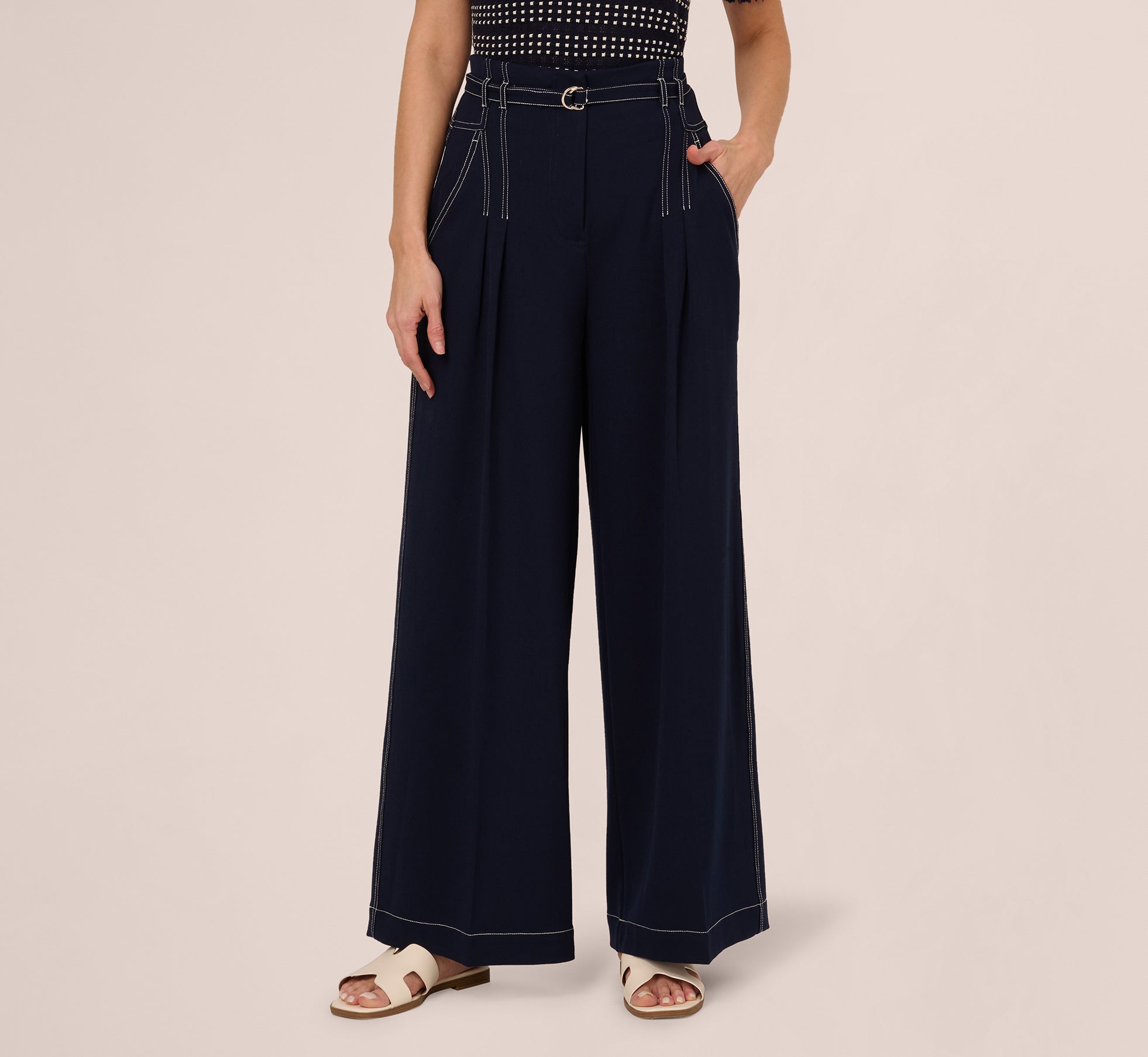 Topstitch Wide Leg Paperbag Pant With Belt In Navy Ivory 1