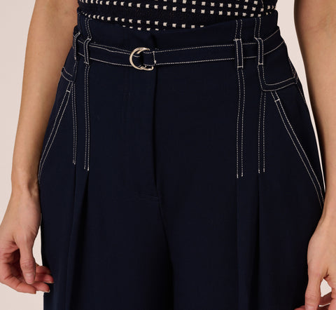 Topstitch Wide Leg Paperbag Pant With Belt In Navy Ivory