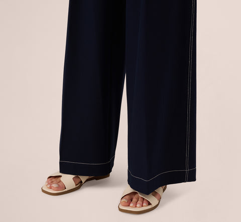 Topstitch Wide Leg Paperbag Pant With Belt In Navy Ivory