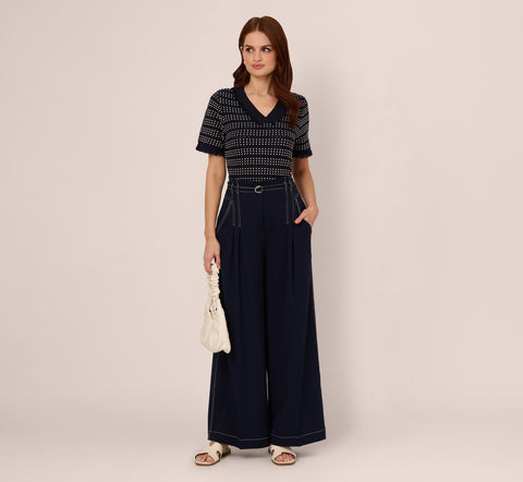 Topstitch Wide Leg Paperbag Pant With Belt In Navy Ivory