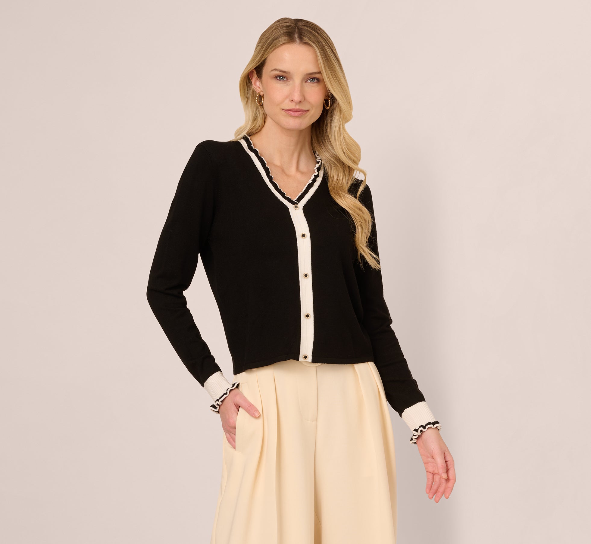 Contrast Ruffle Cardigan In Black Ivory 1