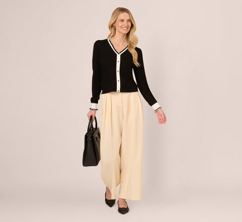 Contrast Ruffle Cardigan In Black Ivory