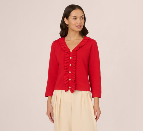 Pearl Button Ruffle Pullover In Red Lava