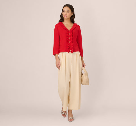 Pearl Button Ruffle Pullover In Red Lava