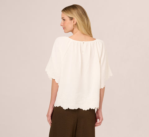 Boat Neck Short Sleeve Scallop Edge Top In Ivory