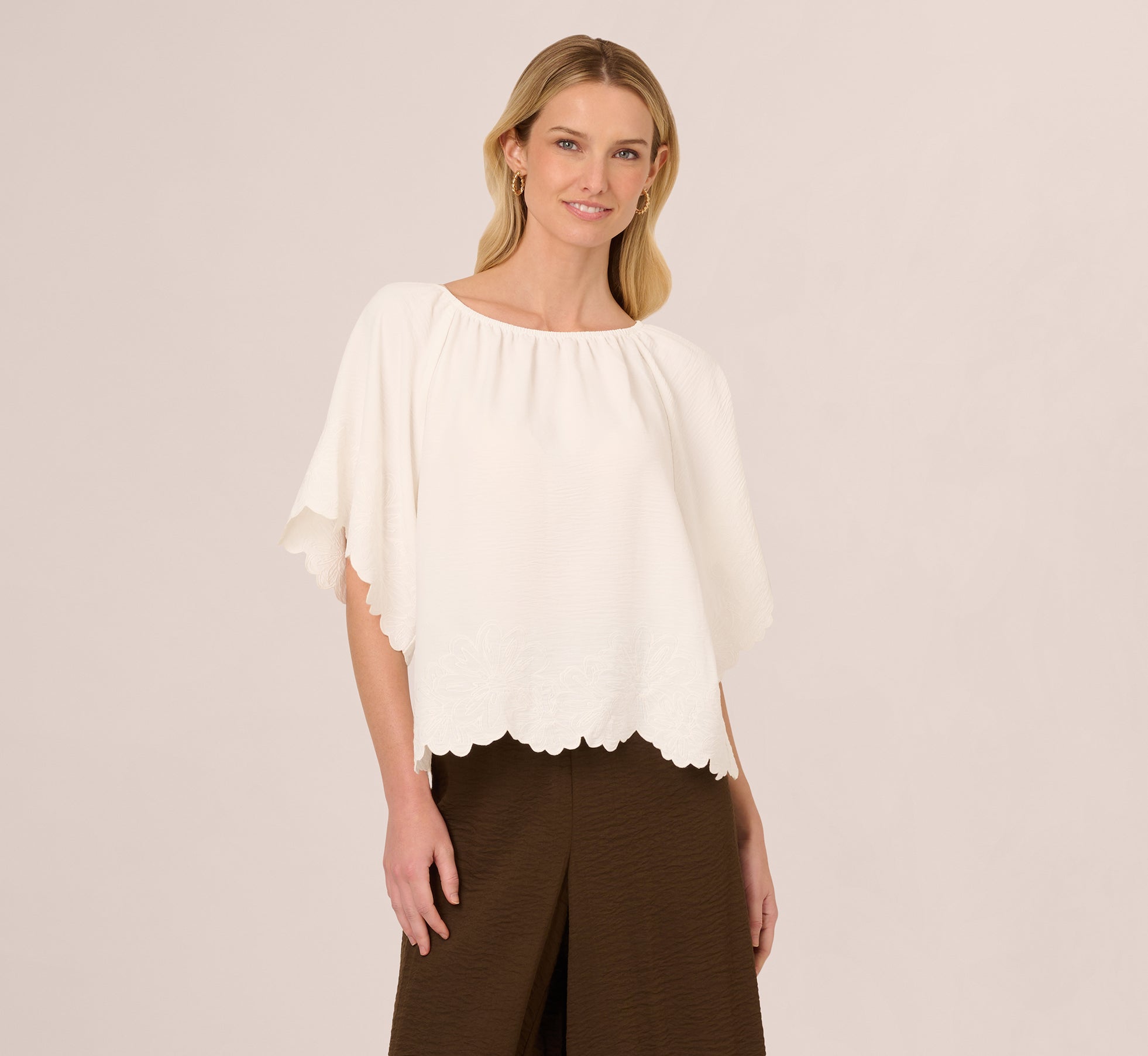 Boat Neck Short Sleeve Scallop Edge Top In Ivory 1