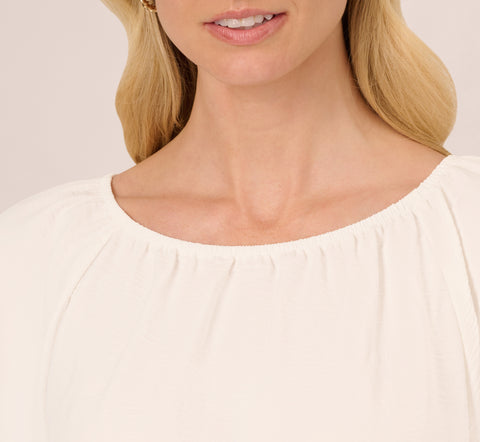 Boat Neck Short Sleeve Scallop Edge Top In Ivory