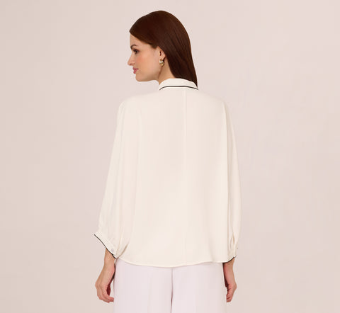 Oversized Fit Tie Collar Top In Ivory Black