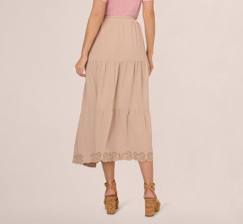 Tiered Eyelet Hem Drawstring Midi Skirt In Bamboo