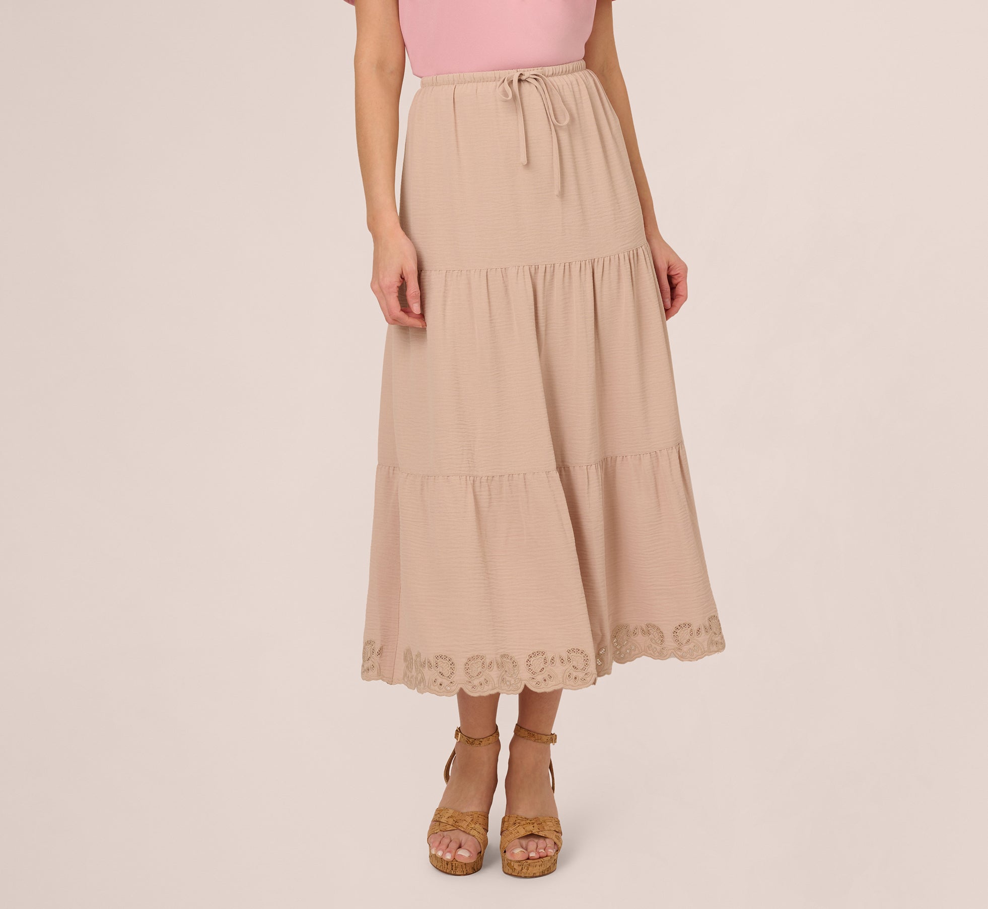 Tiered Eyelet Hem Drawstring Midi Skirt In Bamboo 1