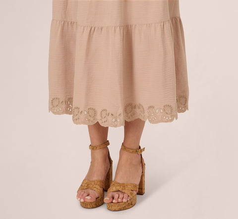 Tiered Eyelet Hem Drawstring Midi Skirt In Bamboo