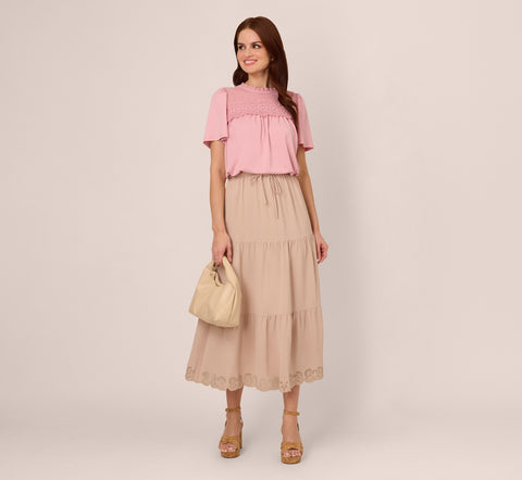 Tiered Eyelet Hem Drawstring Midi Skirt In Bamboo