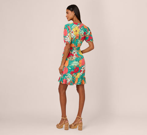 Drawn Floral Print Faux Wrap Dress With Short Sleeves In Aqua Coral Multi