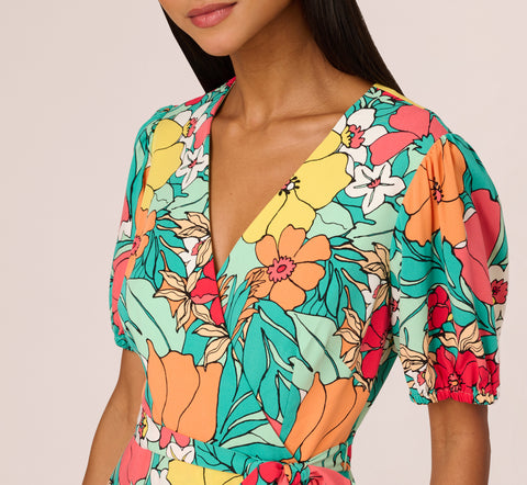 Drawn Floral Print Faux Wrap Dress With Short Sleeves In Aqua Coral Multi