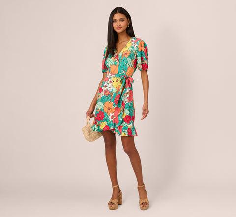 Drawn Floral Print Faux Wrap Dress With Short Sleeves In Aqua Coral Multi