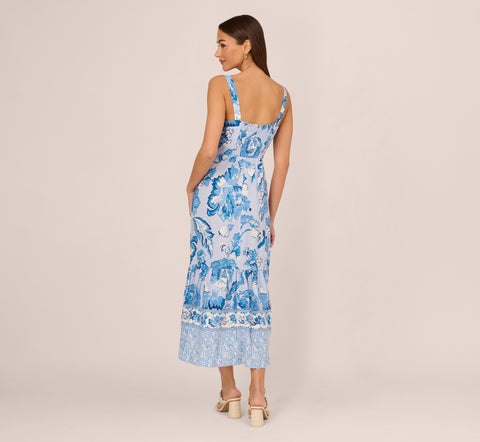 Floral Print Ankle Length Dress With Flounce Skirt In Light Blue Multi