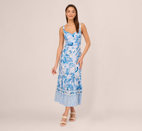 Floral Print Ankle Length Dress With Flounce Skirt In Light Blue Multi