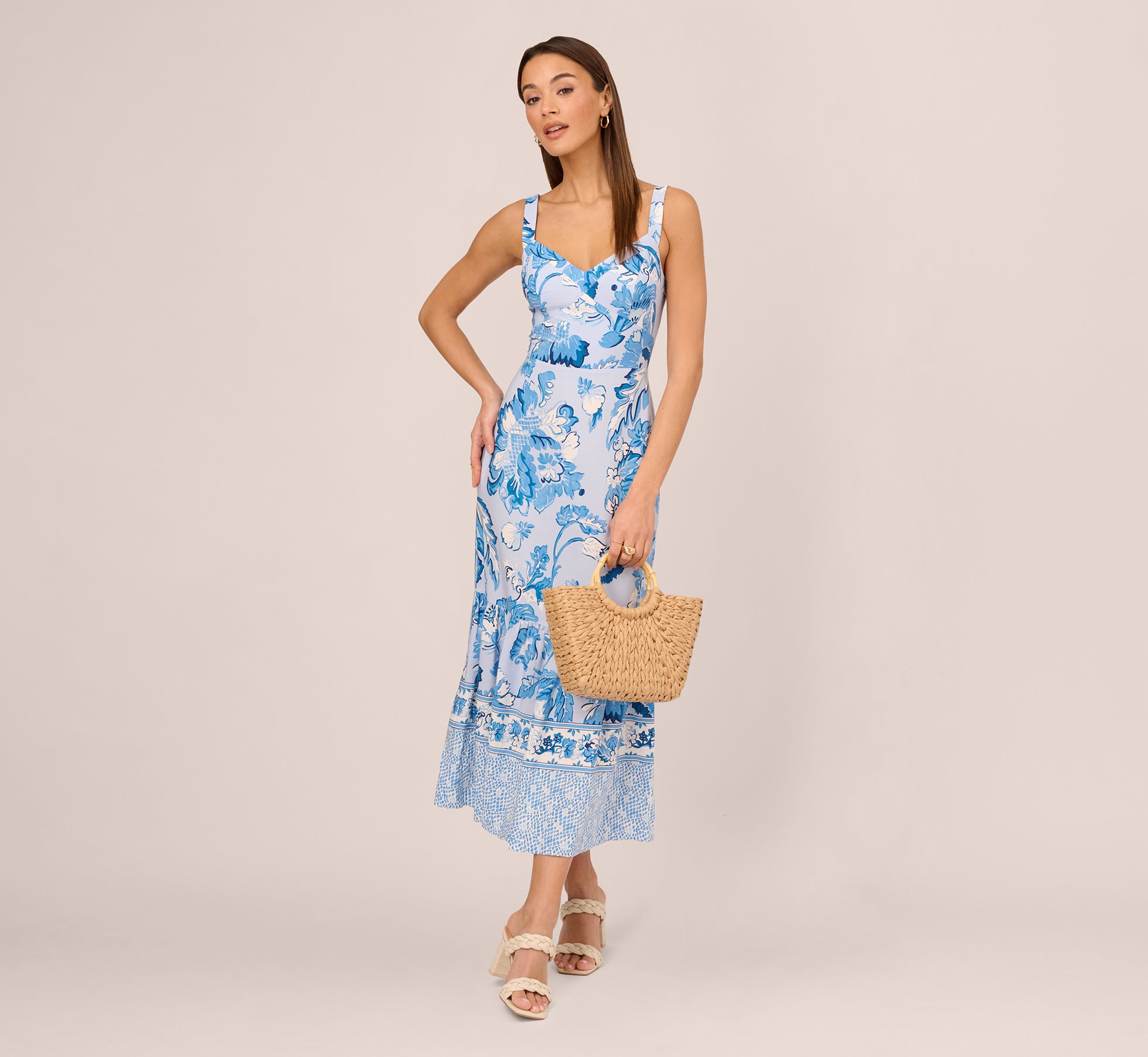 Floral Print Ankle Length Dress With Flounce Skirt In Light Blue