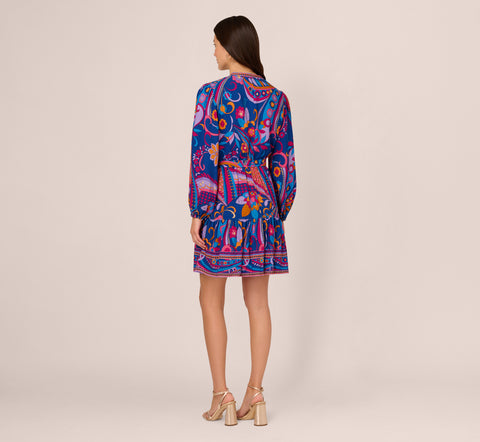 Long Sleeve Retro Printed A Line Dress In Blue Multi