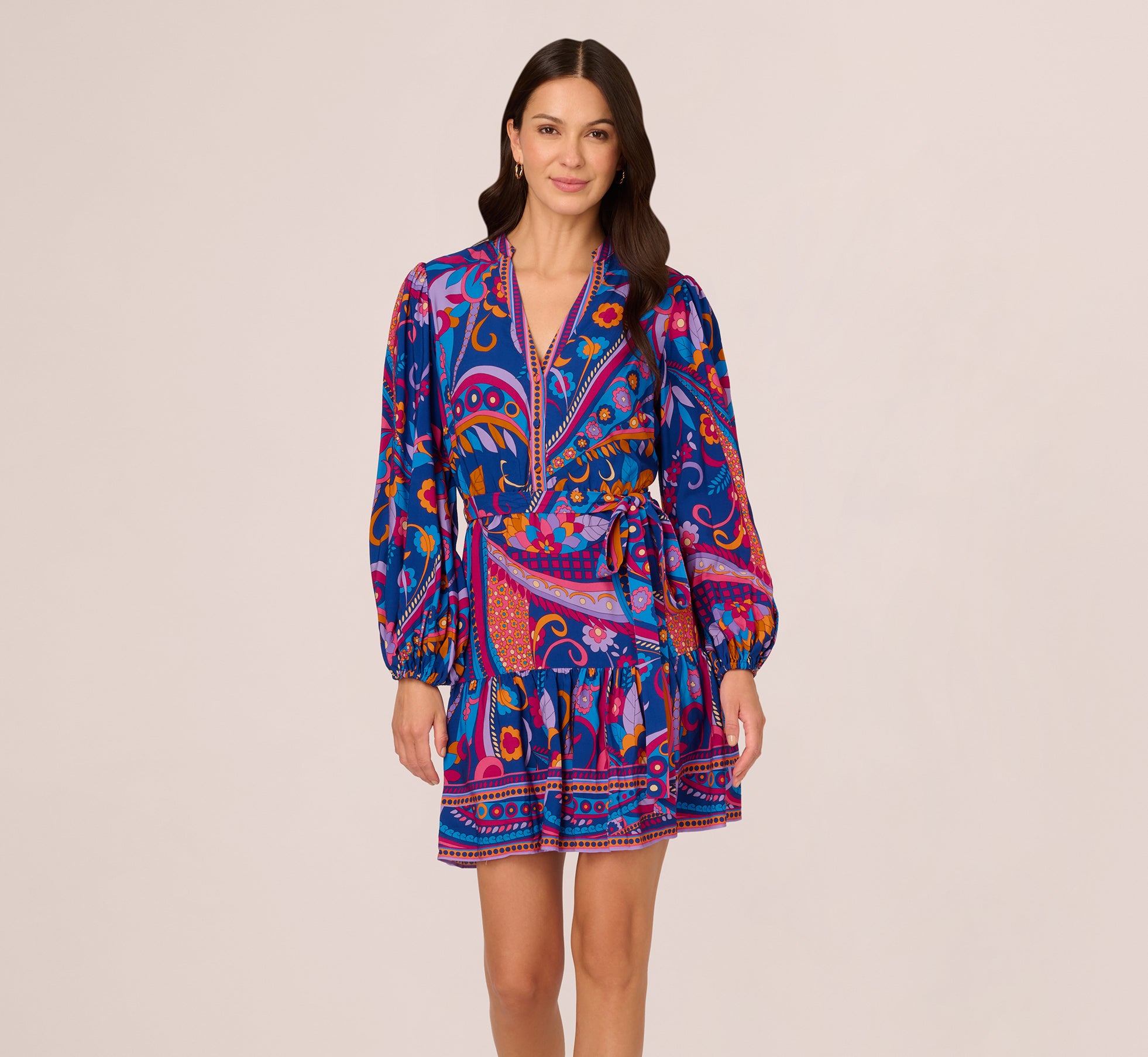 Long Sleeve Retro Printed A Line Dress In Blue Multi 1