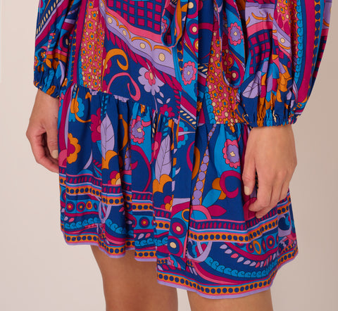 Long Sleeve Retro Printed A Line Dress In Blue Multi