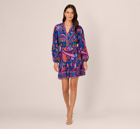 Long Sleeve Retro Printed A Line Dress In Blue Multi