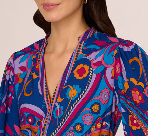 Long Sleeve Retro Printed A Line Dress In Blue Multi